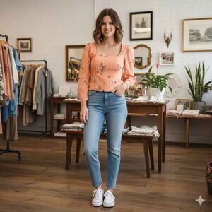 a.n.a Floral Cottagecore Puff Sleeve Square Neck Smocked‎ Top XS